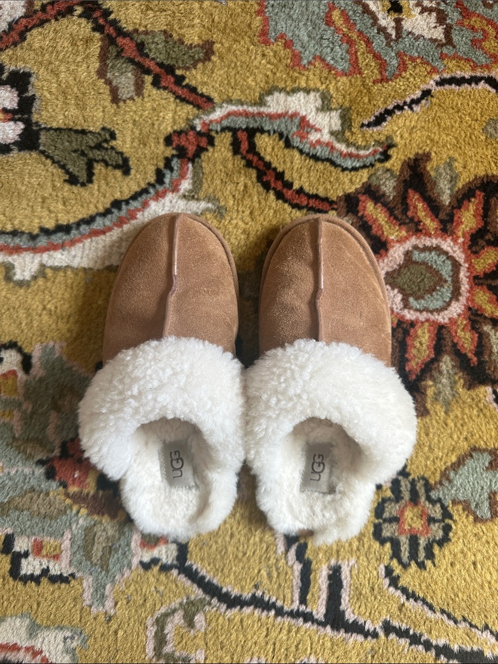 UGG Chestnut Suede Slippers with White Sheepskin Cuff